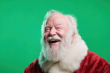 Senior Caucasian man with a white beard and joyful expression, wearing a red coat with white fur trim, against a green background.