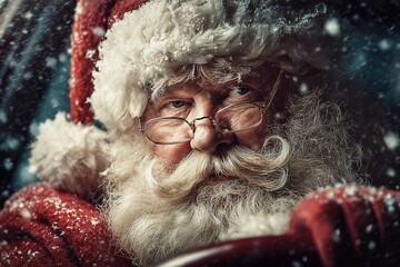 An elderly Caucasian man with a white beard and glasses wears a red Santa Claus outfit. Snow falls around him, creating a festive winter atmosphere.