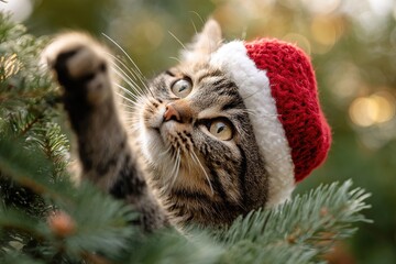 A playful tabby cat wearing a red Santa hat reaches for a branch on a Christmas tree. The scene captures a festive holiday spirit.