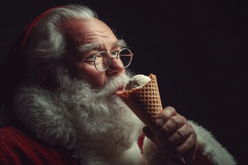 An elderly Caucasian man with a white beard and glasses enjoys an ice cream cone. He wears a red Santa suit with white fur trim, set against a dark background.