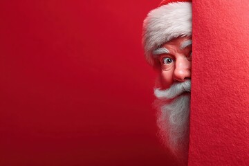 A senior Caucasian man with a white beard and red Santa hat peeks from behind a red wall. The scene conveys a festive holiday spirit.