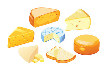 Photorealistic Cheese Types Vector Set. Realistic Cheddar, Swiss, and Brie with Gradient Mesh Shading