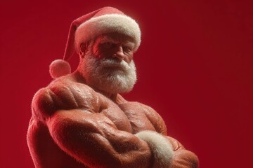 A muscular man with a white beard and Santa hat poses confidently against a red background. He has a strong physique and a serious expression.