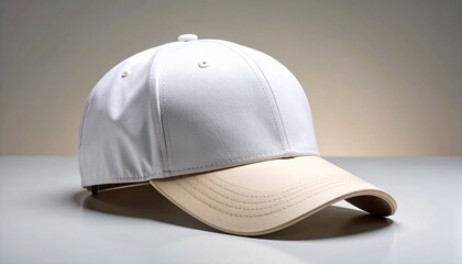 White baseball cap with beige visor, studio shot.