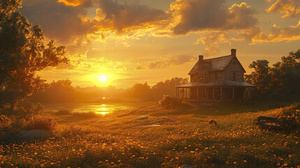 Abandoned wooden house in peaceful countryside at sunset with golden light, wildflowers, and calm river creating warm and nostalgic atmosphere