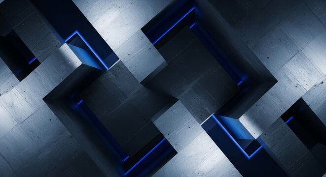 Abstract geometric pattern of interlocking concrete cubes with glowing blue neon edges.