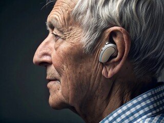 Elderly Caucasian man with a hearing aid, side profile, in soft lighting.