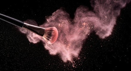 Make-up brush with pink powder explosion on black background







