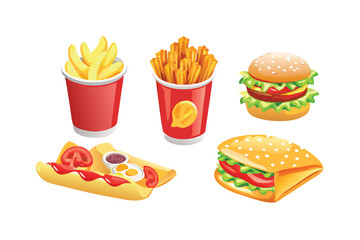 Photorealistic Fast Food Vector Icon Set. Realistic Burger, Pizza, and Fries Illustrations with Gradient Shading