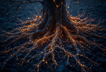 Glowing neural network visualization resembling tree roots illuminating the dark soil with bioluminescent, ethereal beauty.