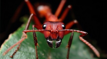 Close-up of a red ant on a leaf.