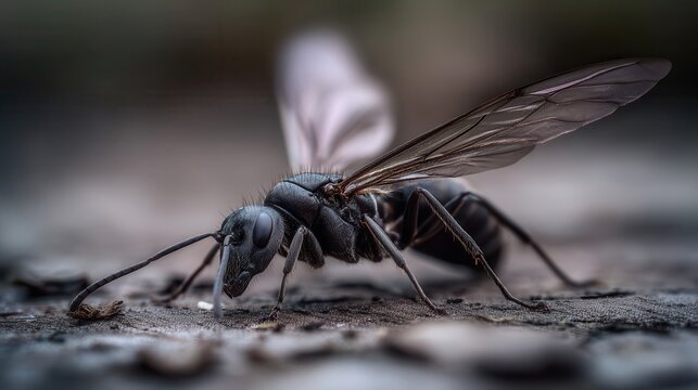 Close-up of a winged ant on a textured surface.