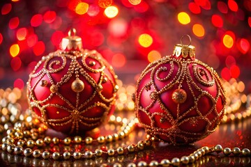 Elegant red and gold christmas ornaments adorned with intricate designs and festive bokeh lights