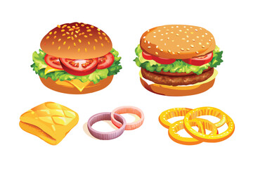 Photorealistic Burger Ingredients Vector Set. Realistic Deconstructed Hamburger Layers with Gradient Mesh Shading