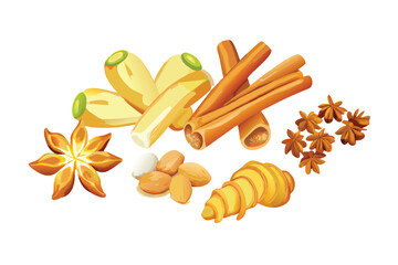 Photorealistic Spices Vector Set. Realistic Ginger, Turmeric, and Lemongrass with Gradient Shading