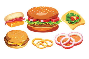 Photorealistic Burger Ingredients Vector Set. Realistic Deconstructed Hamburger Layers with Gradient Mesh Shading