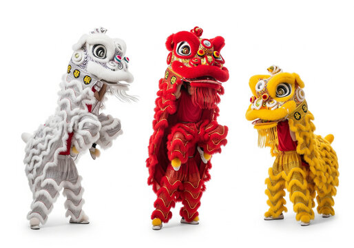 Lion Dance Spectacle: Three vibrant lion dance costumes, each representing a distinct color and design, stand poised in anticipation.