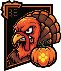 A fierce, cartoon turkey with an angry expression stands beside a pumpkin, framed by a geometric design.
