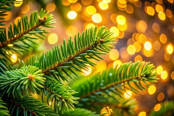 Close up of vibrant green pine needles with soft golden bokeh lights in the background