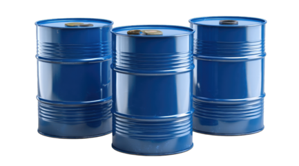 Three shiny, blue, metal barrels stand side-by-side against a black background.  They appear full and have slightly differing lid details