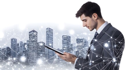 Businessman using a tablet in a cityscape overlaid with a network graphic.