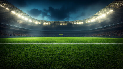 Bright stadium lights illuminate the green field under a vast night sky with distant clouds