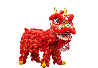 Fototapeta premium Chinese Lion Dance: A vibrant red and golden Chinese lion dance costume stands ready to bring prosperity and good fortune in a festive celebration.