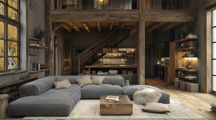 Cozy living room with large gray sectional sofa wooden floor and rustic interior design featuring warm lighting and natural textures creating comfortable atmosphere