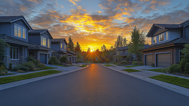 Sunset over quiet residential cul de sac street with modern houses, green lawns, and trees under colorful cloudy sky creating peaceful and warm atmosphere