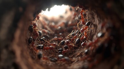 Close-up view of ants in a nest tunnel.