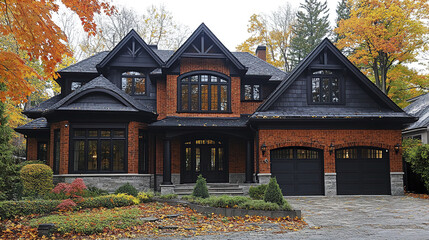 Custom built luxury house in suburbs with brick and black exterior, surrounded by autumn trees and colorful foliage, featuring large windows and double garage