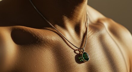 Close-Up of Masculine Necklace with Green Gemstone