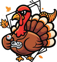 A cartoon turkey holding a game controller, celebrating a holiday with fall leaves.