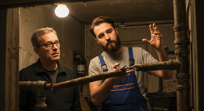 Tradesman and client inspecting damaged plumbing pipes in a dark basement, discussing repairs