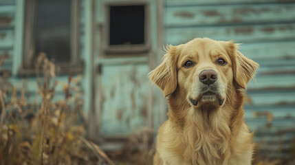 Golden retriever dog standing in front of old weathered house with faded blue paint, surrounded by dry grass, showing calm and attentive expression