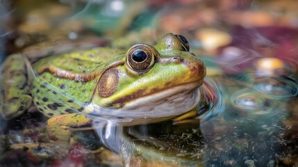 Close-up view of a vibrant green frog resting on water.