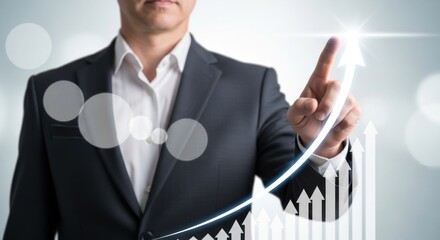Photo of a businessman in a suit is pointing at an upwardtrending arrow on a digital chart, symbolizing growth and success in business and finance