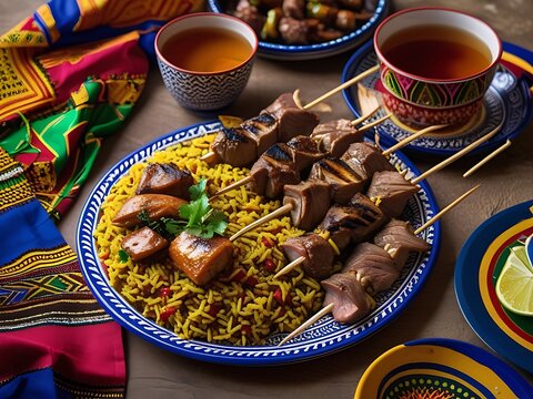 African BBQ with Rice, Tea, and Table.