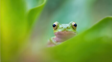 Close-up of a tiny green frog hidden amongst leaves.