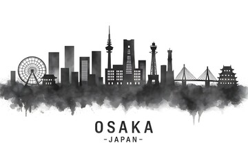 Osaka Japan Skyline BW, cityscape landscape watercolor painting print poster abstract splash illustration urban art modern downtown landmarks skyscrapers 