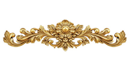 Ornate gold filigree design, featuring a central floral motif flanked by symmetrical swirling acanthus leaves, isolated on a black background