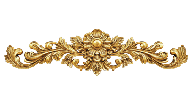 Ornate gold filigree design, featuring a central floral motif flanked by symmetrical swirling acanthus leaves, isolated on a black background