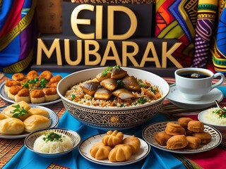 Eid Mubarak Feast Food Table.