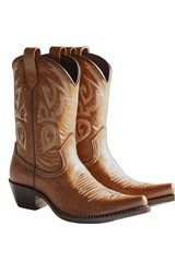 A pair of light brown leather cowboy boots with intricate stitching and pointed toes, displayed against a black background