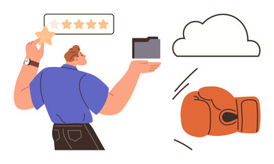 Man holds a star and a folder, next to a cloud and boxing glove. Ideal for feedback, cloud storage, productivity, teamwork, challenges, personal growth balanced decisions. Simple flat metaphor