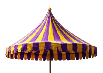 A large, conical-shaped umbrella with alternating yellow and purple stripes, scalloped edges, and a pointed top, set against a black background