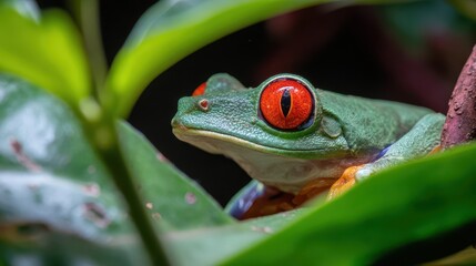 Obraz premium Close-up of a red-eyed tree frog nestled amidst lush foliage.