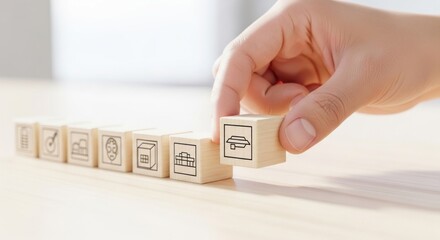 Photo of a hand places a wooden block with a car icon, representing business strategy and development