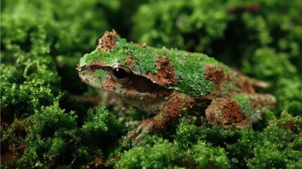 Close-up of a mossy tree frog.