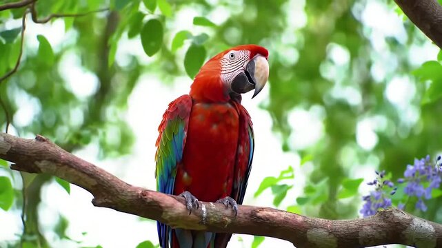 Vibrant Scarlet Macaw on Branch in Lush Greenery with Floral Accents Displaying Vivid Red Blue and Green Plumage